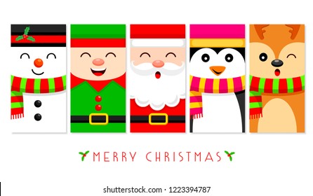 Cute snowman, Christmas elf, Santa Claus, penguin and reindeer in flat design. Vector illustration, Christmas character greeting template design for label, tag, bookmark, card and print.