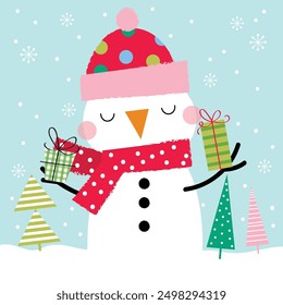 cute snowman with christmas gift greeting card design