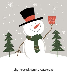 Cute Snowman with Christmas gift in snowing, Vector illustration