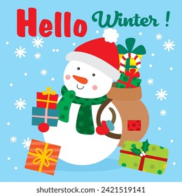 Cute Snowman with Christmas gift vector