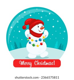 Cute snowman in a Christmas glass ball and congratulatory text. New Year's gift, present, postcard, vector
