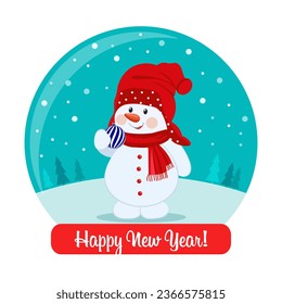 Cute snowman in a Christmas glass ball and congratulatory text. New Year's gift, present, postcard, vector