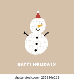 Cute snowman, Christmas holidays. Happy winter snowman character. Flat vector illustration