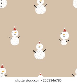 Cute snowman, Christmas holidays. Happy winter snowman character. Flat vector seamless pattern