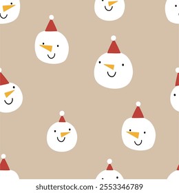 Cute snowman, Christmas holidays. Happy winter snowman character. Flat vector seamless pattern