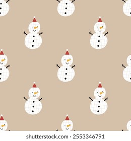 Cute snowman, Christmas holidays. Happy winter snowman character. Flat vector seamless pattern