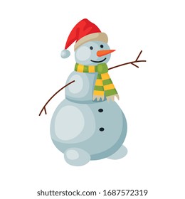 Cute Snowman, Christmas and New Year Symbol, Traditional Holiday Decoration Vector Illustration