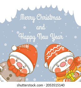 cute snowman with christmas and new year greeting banner.