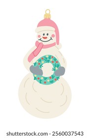 Cute snowman Christmas ornament with pink hat, scarf, and festive wreath illustration. Vintage vector hand drawn drawing isolated on white background