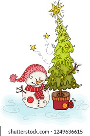 Cute snowman with Christmas pine tree