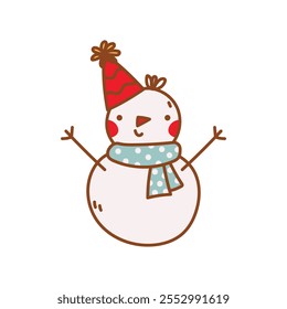 Cute Snowman. Christmas snowman in a scarf and hat. Vector hand drawn illustration, izolated on a white background