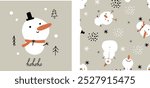 Cute snowman christmas seamless pattern scandinavian boho style with cute character cartoon nursery toddler style. Fabric wallpaper background