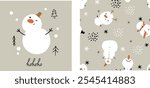 Cute snowman christmas seamless pattern scandinavian boho style with cute character cartoon nursery toddler style. Fabric wallpaper background