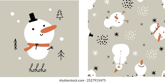 Cute snowman christmas seamless pattern scandinavian boho style with cute character cartoon nursery toddler style. Fabric wallpaper background