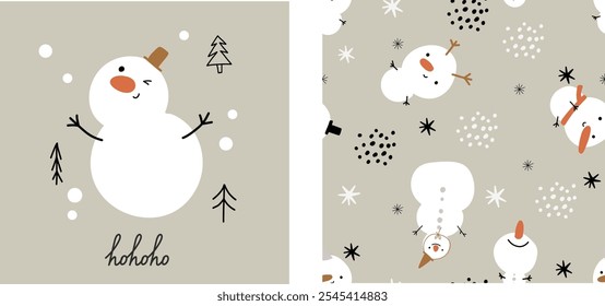 Estilo boho escandinavo lindo del patrón inconsútil de la Navidad del muñeco de nieve con el estilo lindo del niño pequeño del vivero de la historieta del carácter. Fondo de Fondo de pantalla de tela