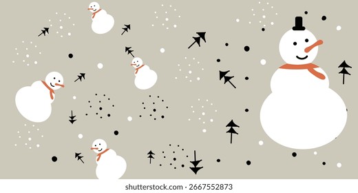 Cute snowman christmas seamless pattern scandinavian boho style with cute character cartoon nursery toddler style.