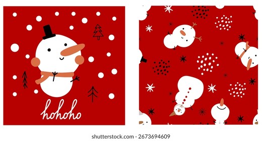 Cute snowman christmas seamless pattern scandinavian boho style with cute character Fabric wallpaper background nursery toddler style