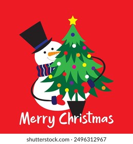 cute snowman and christmas tree for christmas card, gift bag or box design