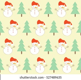Cute snowman and christmas tree design background seamless pattern backdrop wallpaper. Vector illustration