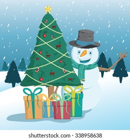 Cute Snowman And Christmas Tree With Gift And Snow Background
