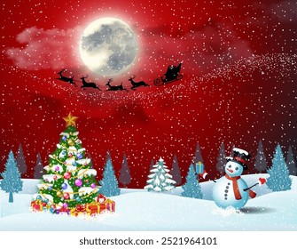 Cute snowman and Christmas tree with giftbox, on the background of night sky with moon and the silhouette of Santa Claus flying on a sleigh . concept for greeting or postal card, vector illustration