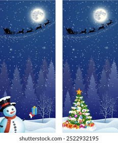 Cute snowman and Christmas tree with giftbox, on the background of night sky with moon and the silhouette of Santa Claus flying on a sleigh . Vector illustration vertical banners