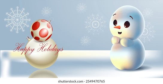 Cute snowman and Christmas tree made of Christmas balls. Greeting card design template, banner