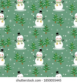 Cute Snowman and Christmas tree seamless pattern