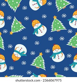 Cute snowman and Christmas tree seamless pattern background. Christmas design for fabric, packaging, wallpaper, cover.