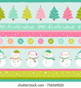 Cute snowman and christmas tree seamless pattern with stripes background