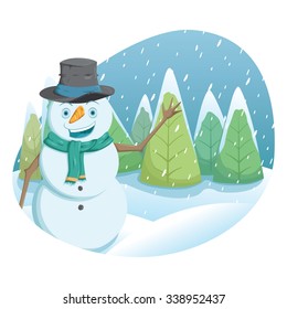 Cute Snowman And Christmas Tree With Snow And Blue Sky