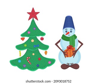 Hombre de nieve y árbol de Navidad. Ilustración vectorial para impresión, fondos, cubiertas, embalaje, tarjetas de felicitación, carteles, pegatinas y diseño estacional. Aislado sobre fondo blanco.