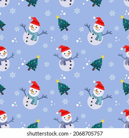 Cute snowman and Christmas tree in winter seamless pattern.