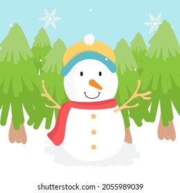 Cute snowman with christmas trees in winter landscapes. Merry Christmas and Happy new year greeting card. Vector illustration.