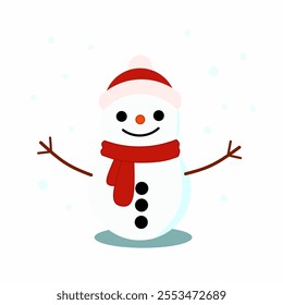 Cute snowman Christmas winter holiday theme with hat and scarf on snowfall. cartoon flat design vector illustration.