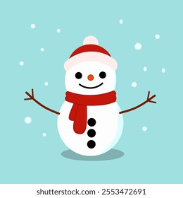 Cute snowman Christmas winter holiday theme with hat and scarf on snowfall. cartoon flat design vector illustration.