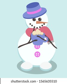 Cute snowman with coffee cup vector. Snowman with scarf and hat illustration.
