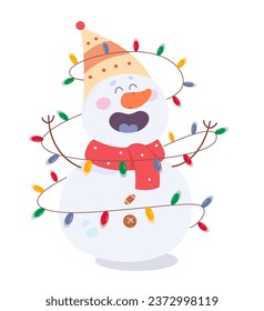 Cute snowman with colorful garland decoration from Christmas Tree vector illustration. Cartoon happy character with funny face, red scarf and hat greeting with winter holidays isolated on white