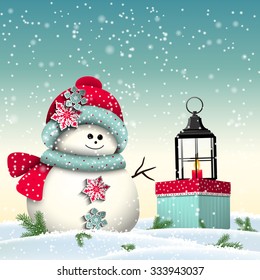 Cute snowman with colorful present and vintage lantern, christmas winter theme, vector illustration, eps 10 with transparency and gradient meshes