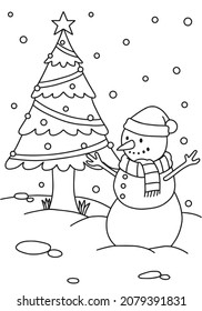 Cute snowman coloring book illustration vector the Concept of Isolated Technology. Flat Cartoon Style Suitable for Landing Web Pages, Banners, Flyers, Stickers, Cards