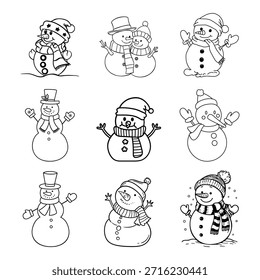 Conjunto de vetor de página de coloração bonito Snowman. Preto e branco Contorno inverno Personagens com cachecol e chapéu. Line-art para o livro de atividades infantil.