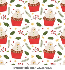 Cute snowman cupcake seamless pattern, hand drawn on a white background.