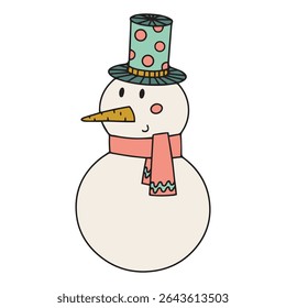 Cute snowman in cylinder hat with carrot nose and red scarf. Vector illustration on separate isolated background. Happy fiction character. Winter snow entertainments and activities
