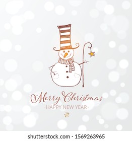 Cute snowman with cylinderand crook on white glowing background. Christmas greeting card.