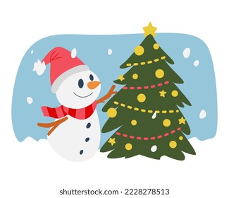 cute snowman decorating the christmas tree. wear christmas hats, scarves. winter concept, celebration. for templates, stickers, prints, stickers, etc. vector illustration