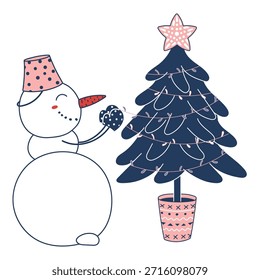 Boneco de neve bonito decorando árvore de Natal isolado em transparente. Desenho de linha. Ilustração de vetor desenhada à mão. Engraçado personagem de desenho animado. Natal tradicional, Ano Novo, elemento de design de inverno, clip art