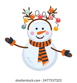 Cute snowman with deer horns and garland. Cartoon winter character in warm scarf and mittens. Nursery art scandinavian style. 