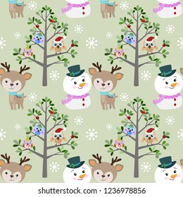 Cute snowman and deer with owl in winter 