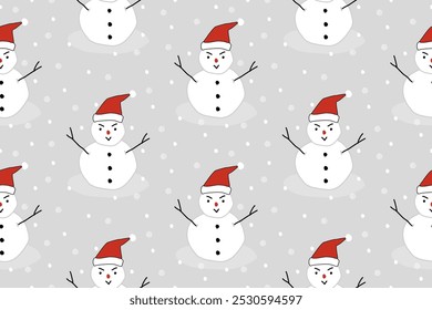 Cute snowman doodle hand drawn. Christmas seamless pattern on a grey background. Celebrate festival. Design for vector illustration, fabric, wrapping, gift, paper, greeting cards.