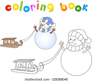 Cute snowman dragon with sled. Educational coloring book. Vector illustration